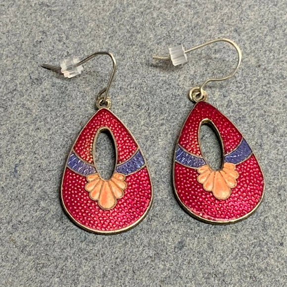 Jewelry - Cloisonne Dangle Pierced Earrings Teardrop Silver
